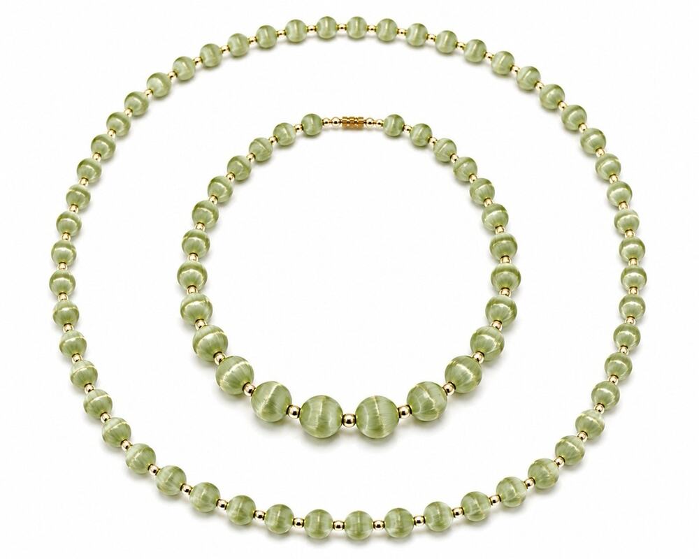 Vintage Satin Wrapped Green Bead Necklace Set 18” & 30” Mid Century Gold Tone